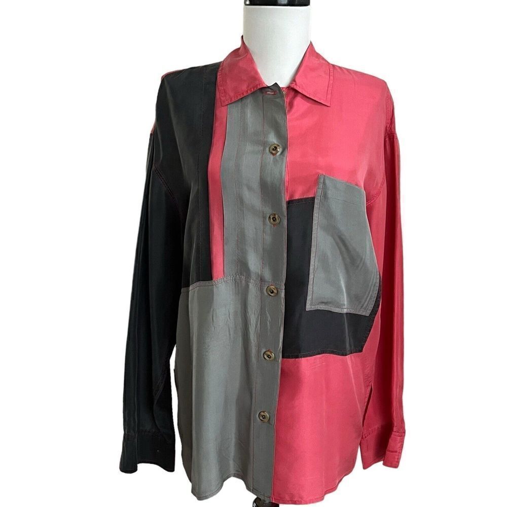 Vinatge Diane Gilman Silk Shirt S Blouse Top Color Block Long Sleeve Pink Gray